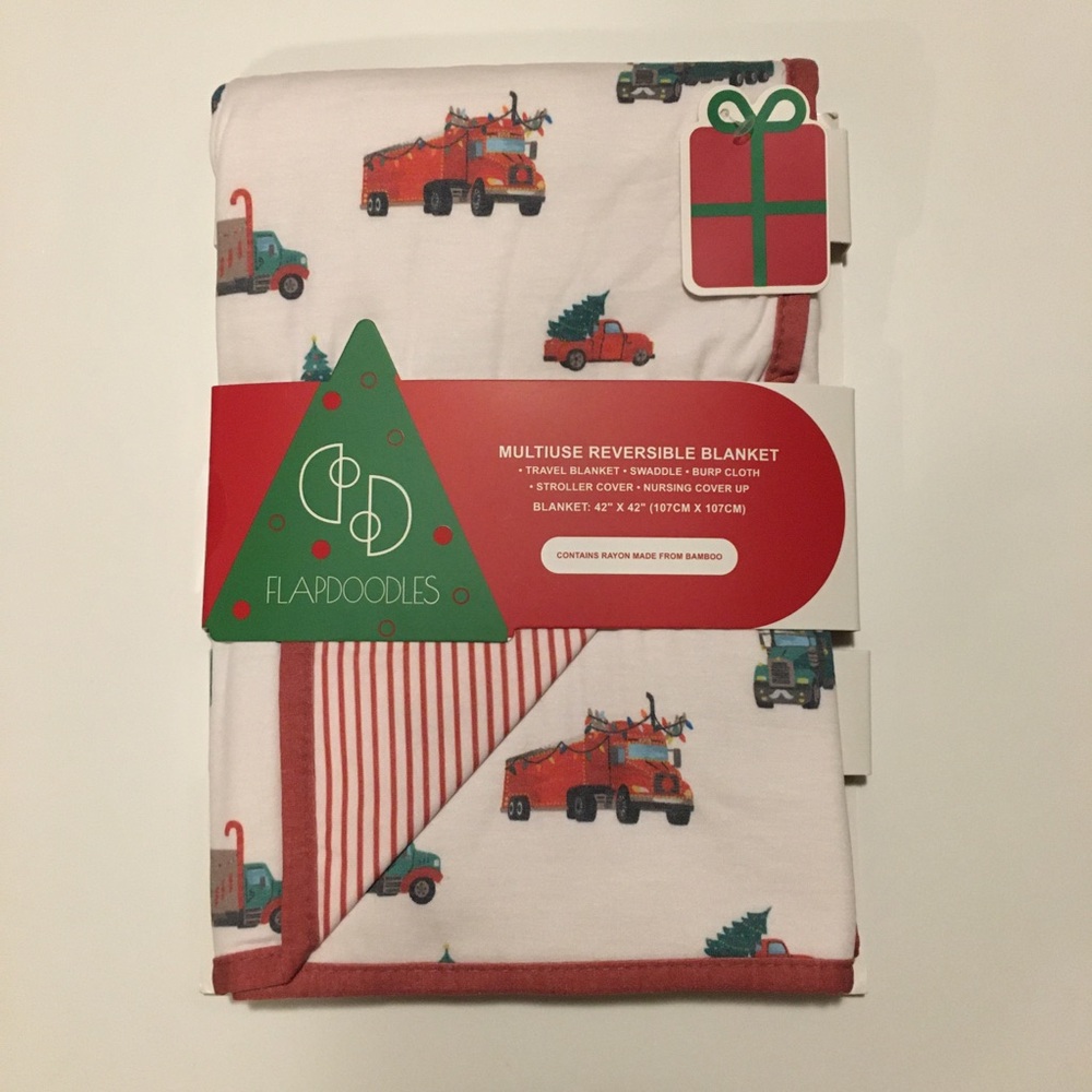 Flapdoodles Kids Reversible Blanket - Red Truck & Christmas Trees Holiday Print